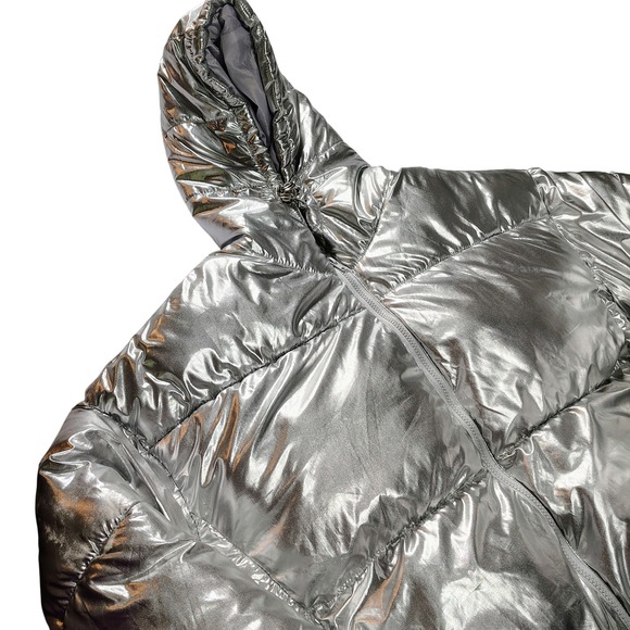 Daisy 3X Womens Metallic Silver Puffer Jacket Hooded Full Zip Padded Coat - Picture 1 of 12